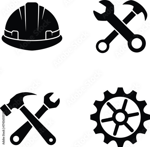 Construction helmet, wrench, screwdriver, hammer, gear icon set, engineering tools, mechanical symbols, repair equipment, industrial vector, black silhouette, maintenance, technical illustration