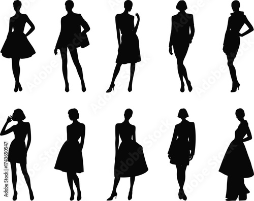 Fashion model silhouettes, stylish poses, diverse outfits, runway inspiration, elegant dress design, female figure reference, fashion illustration, garment variety, artistic posture