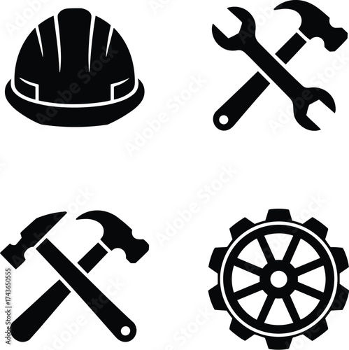 Construction icon set, engineering symbols, hard hat, wrench, hammer, gear, industrial tools, repair signs, maintenance graphics, mechanical silhouettes, vector illustration, black icons