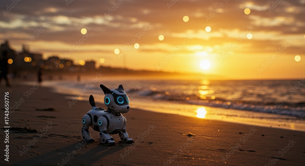 Obraz premium A futuristic robot dog stands on a sandy beach at sunset, creating a serene scene