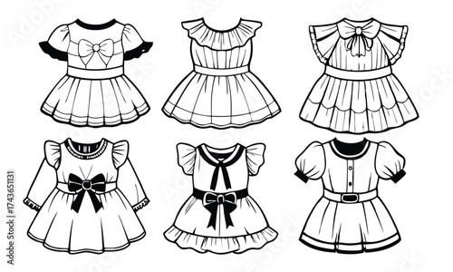 Six different line art drawings of charming dresses with bows and ruffles are displayed