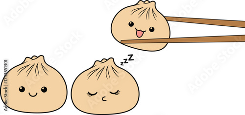 Cute dumpling illustration with chopsticks and sleeping dumpling aditable
