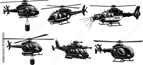 Black silhouette vector illustration, rescue helicopter, medical air ambulance, police helicopter, military helicopter, civilian helicopter, private helicopter, aviation clipart, line art