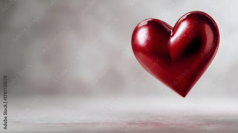 Fototapeta premium A glossy red heart floats in soft light against a blurred background