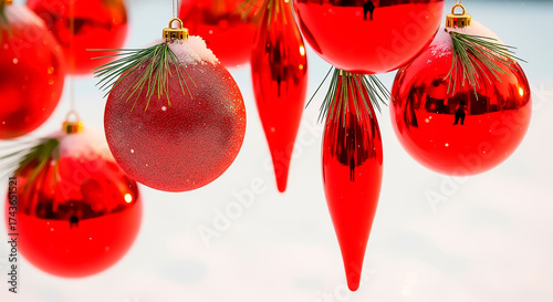 Red Christmas ornaments hanging on tree branches symbolizing festive joy, decoration, and winter holiday spirit