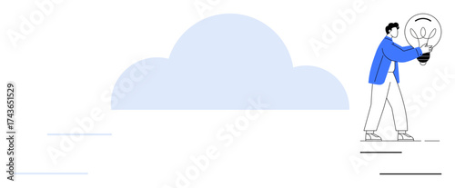 Individual carries light bulb in front of cloud emphasizing creativity, technology. Ideal for innovation, cloud technology, teamwork, vision, growth, future, simple flat metaphor