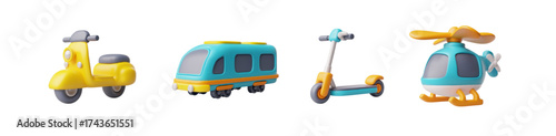 Blue and yellow colors transport 3D cartoon plastic style vector set, cartoon bus, moped, motorcycle, scooter helicopter