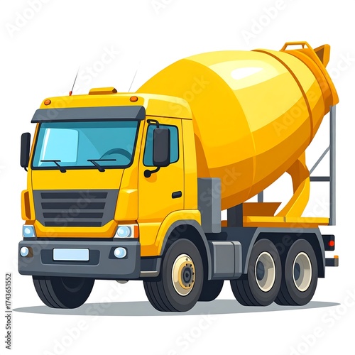 Yellow concrete mixer truck, front view