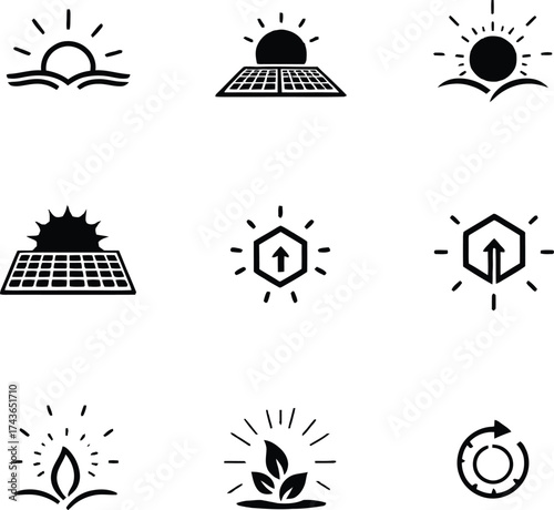 Solar energy icons set vector illustration for renewable power and sustainable development projects