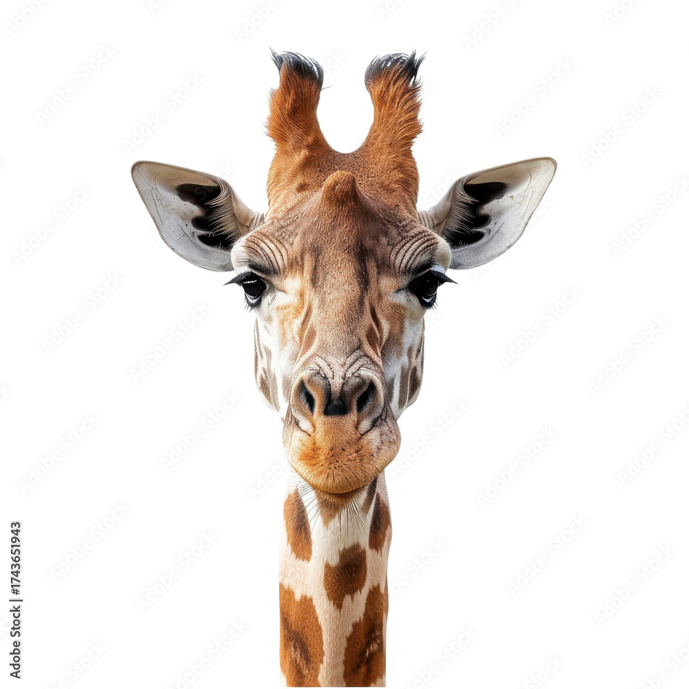 Fototapeta premium Giraffe portrait showing calm expression against plain background in natural light