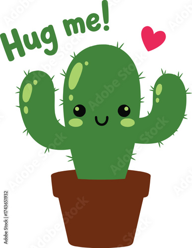 Adorable cartoon cactus with a smiling face and "Hug me!" text