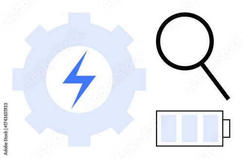 Gear with lightning for power efficiency, battery for energy storage, magnifying glass for analysis. Ideal for productivity, innovation, energy management, optimization, research, and technology a