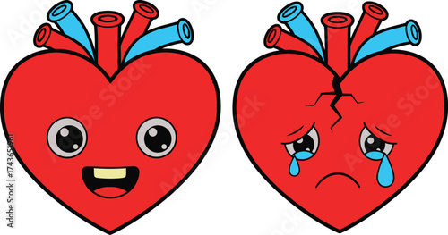 Cartoon heart happy sad broken vector illustration emotions aditable