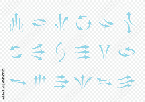 Set of arrow flow air icon set. Wind direction arrow symbol. Transparent background vector and PNG