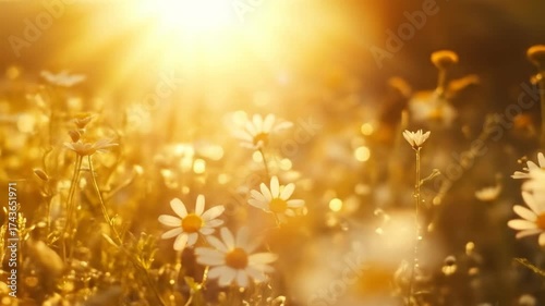 Field of daisy flowers glowing in sunlight, bright summer day