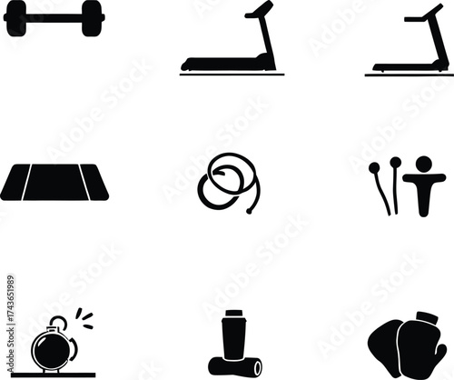 Gym equipment icons fitness workout treadmill dumbbell jump rope boxing gloves step platform vector
