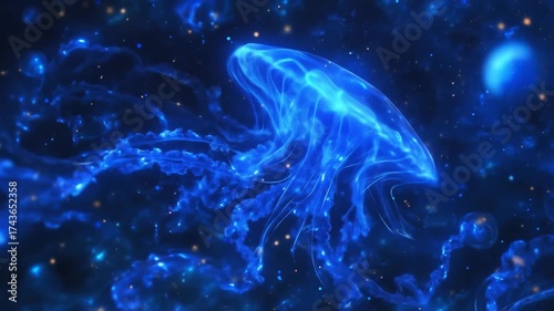 Glowing jellyfish in dark deep sea, ethereal marine creature