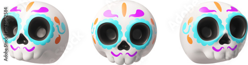 Calavera painted sugar skull with floral pattern 3D vector set, Mexican Dia de Los Muertos Day of the dead decoration