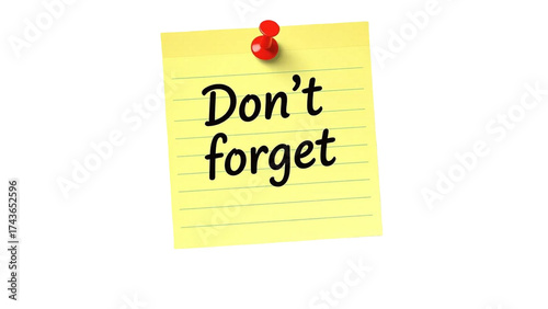 Yellow Sticky Note with Red Pin – Don’t Forget Reminder Isolated on Transparent Background