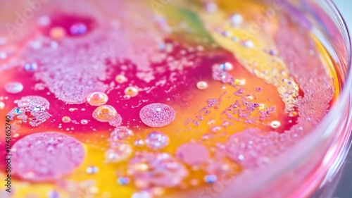 Colorful petri dish with growing colonies of microorganisms, lab research