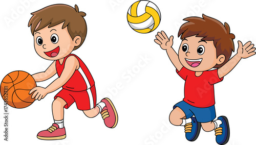 Cartoon kids playing basketball and volleyball vector illustration showing energetic sports activity, ideal for children’s fitness, fun, and outdoor recreation.