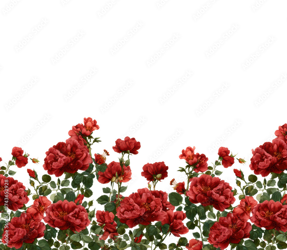 Fototapeta premium Blooming red roses border floral design nature artistic isolated on transparent background