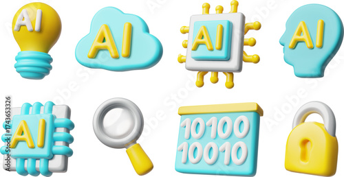 Artificial intelligence 3D vector icons set, AI technology circuit, magnifying glass, lock, light bulb, binary code