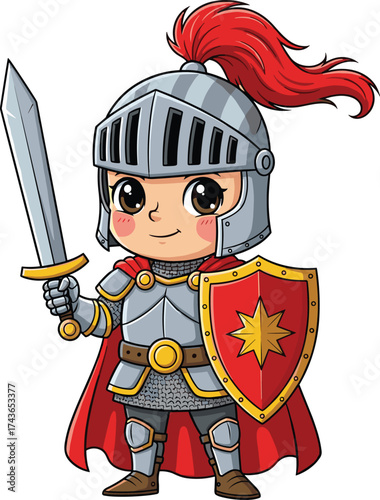 Cartoon knight in armor with sword and shield, smiling character for kids, fantasy vector illustration on white background, heroic pose