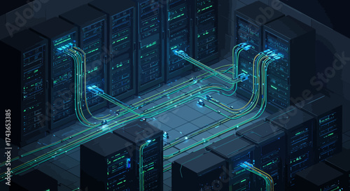 Advanced cloud computing and big data storage visualized in an isometric server farm with intricate glowing networking
