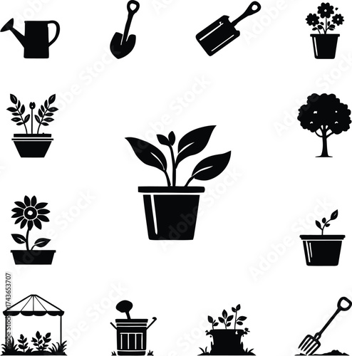 Gardening tools and plants vector icons set for garden design and landscaping projects and decoration needs