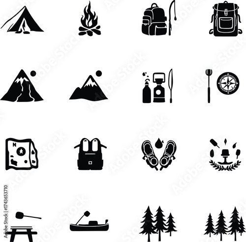 Camping hiking outdoor adventure gear icons vector illustration set for travel and recreation design
