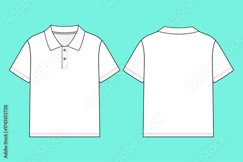 Minimalist Short Sleeve Pique Knit Polo Shirt Technical Flat Sketch.