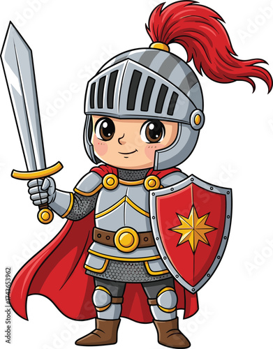 Cartoon knight in full armor with sword and shield, smiling child character, fantasy vector illustration for kids on white background