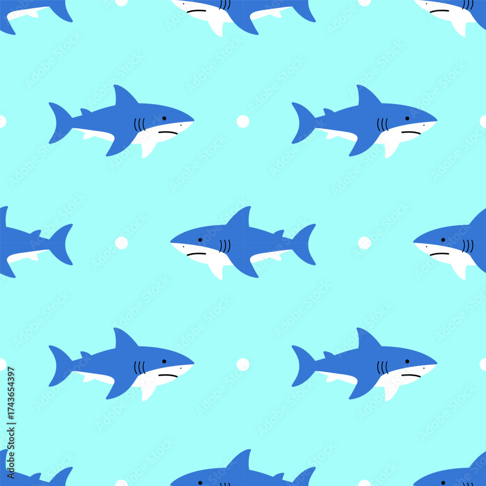 Fototapeta premium Marine summer tropical seamless pattern with sharks and dots. Design for textile and fabric, home decor elements, wrapping paper. Vector print