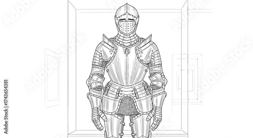 Detailed Medieval Knight Full Suit of Armor Line Art Illustration