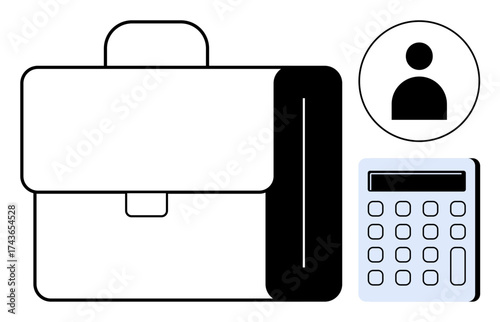 Briefcase, calculator, and profile icon visually representing business tools and professional organization. Ideal for education, management, finances, planning, human resources, entrepreneurship