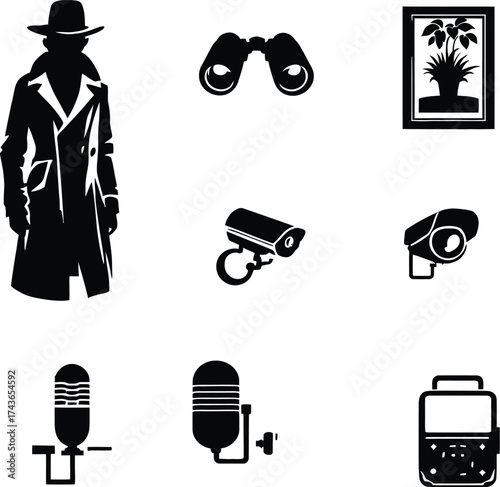 Spy detective surveillance equipment vector icons set illustration for security and investigation work