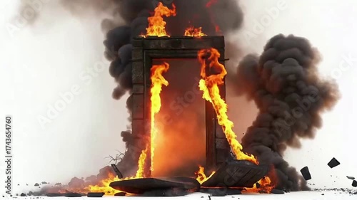 An intense and fiery explosion consuming a wooden double door, surrounded by smoke and flying debris, capturing a cinematic and powerful moment of destruction.