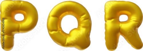 English alphabet uppercase letters P Q R from golden air inflated balloon, 3D render vector foil puffy type font symbols