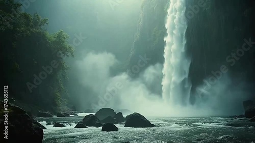 A lone woman standing on a rock facing a powerful waterfall surrounded by mist and lush greenery, symbolizing peace, exploration, and connection with nature.