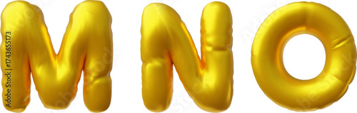 English alphabet uppercase letters M N O from golden air inflated balloon, 3D render vector foil puffy type font symbols