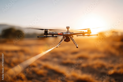 Fiber optic drone flying over a field at sunset