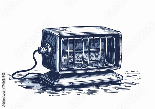 Vintage heater by desk, showcasing intricate design and warm ambiance, perfect for winter settings and cozy indoor environments, enhancing comfort and style