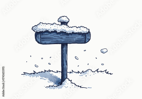Heavy snow covers a wooden street sign, creating a serene winter scene with snowflakes gently falling, evoking a peaceful atmosphere of the cold season