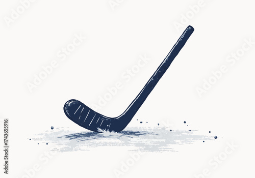 Hockey stick resting on snow-covered ground, showcasing winter sports equipment, with a serene snowy landscape in the background, evoking a sense of winter fun and outdoor activities