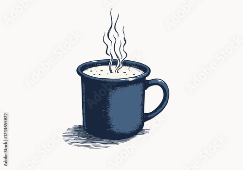 Hot milk in an enamel mug with steam rising, set against a cozy winter backdrop, evoking warmth and comfort during cold weather moments
