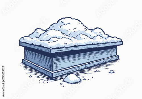 Snow-covered wooden box sits in winter landscape, showcasing a thick layer of snow on top, with surrounding snowflakes creating a serene atmosphere of winter beauty