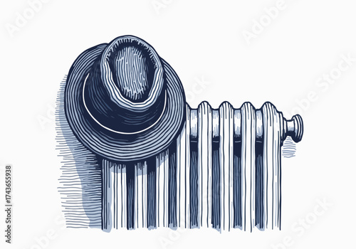 Winter hat resting on a vintage radiator, showcasing cozy indoor warmth and seasonal comfort, perfect for illustrating winter themes and home ambiance