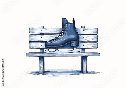 Ice skate resting on a wooden bench in a winter setting, showcasing the beauty of seasonal sports and the charm of ice skating culture in a serene environment