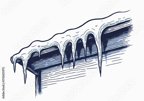Icicles hanging from a house gutter, showcasing winter's beauty and the intricate details of frozen water, creating a serene and chilly atmosphere in the snowy season